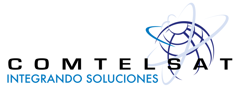 Logo Comtelsat. Isologo .Palabra con vector de globo con lineas rodeandolo a manera de atomo. Debajo hay un slogan de color azul que dice "integrando soluciones"